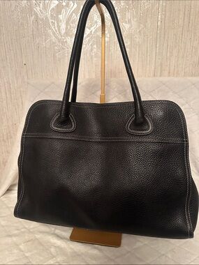 Prada Black Pebbled Leather Contrast Stitch Tote Bag